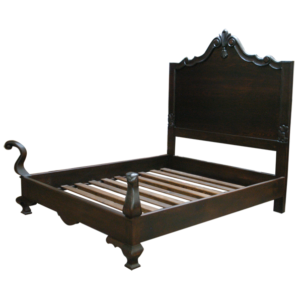 Semi-front view of Spanish colonial bed with hand carved details and cabriole legs