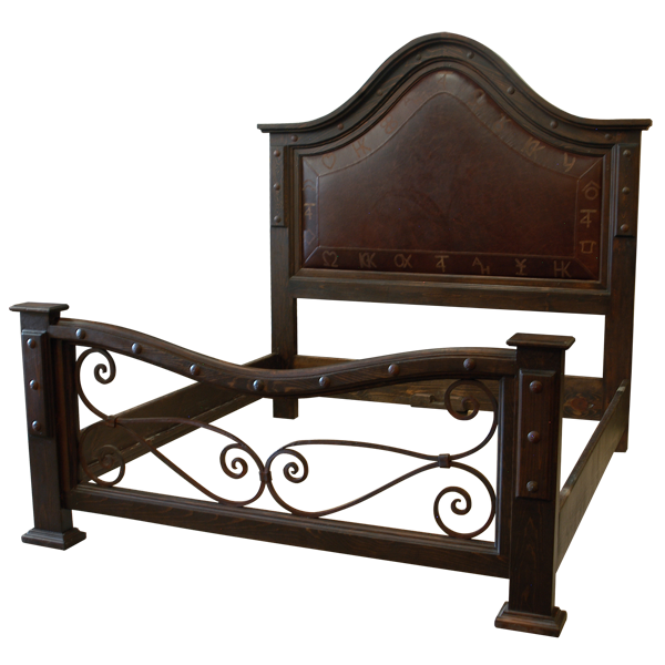 Semi-front view of Western-style bed with handcrafted leather and iron details