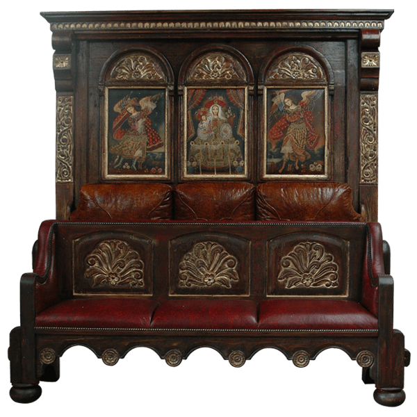 Front view of original Spanish colonial bed with religious oil panels and built-in bench in red leather