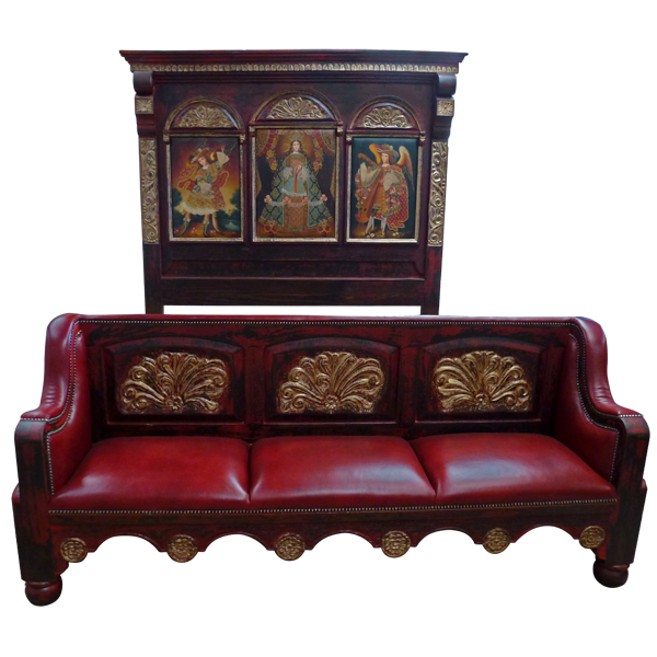 Front view of Spanish colonial bed with religious oil panels and built-in bench in red leather
