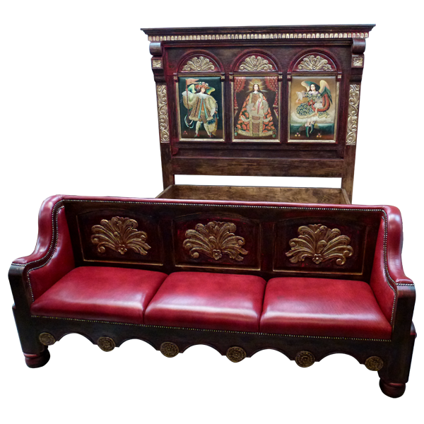 Semi-front view of Spanish colonial bed with baroque details and red leather bench