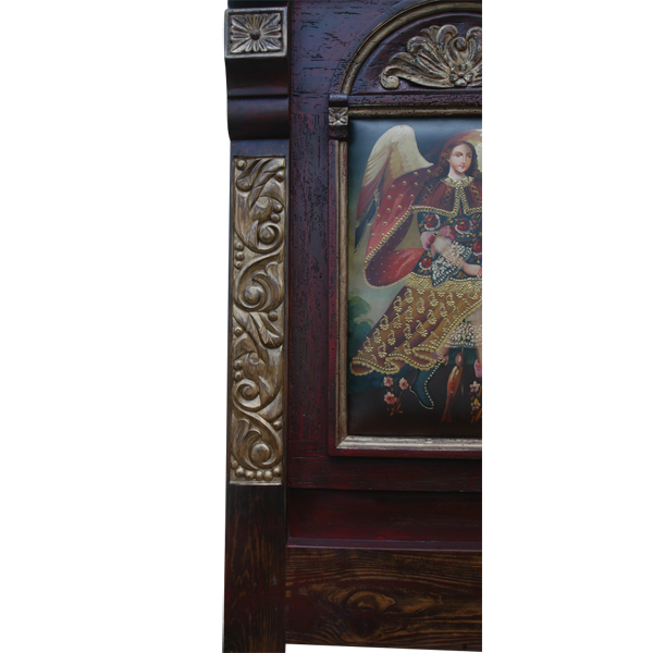 Detail of headboard side carving and partial religious panel with gold scroll ornamentation