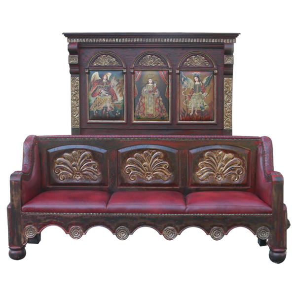 Front view of Spanish colonial bed with foundational religious panels, red leather bench, and gold leaf accents