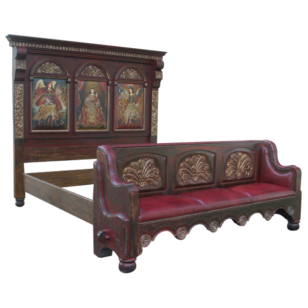 Semi-front view of Spanish colonial bed with layered gold scrollwork and red leather bench