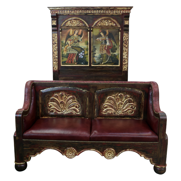 Front view of Spanish colonial bed with dual religious panels, red leather bench, and gold scrollwork