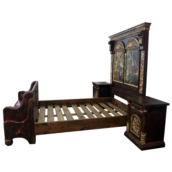 Side view of Spanish colonial bed with baroque bench details and gilt nails
