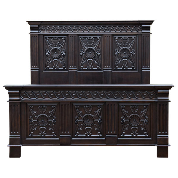 Front view of Spanish colonial bed with floral and geometric carving in dark finish
