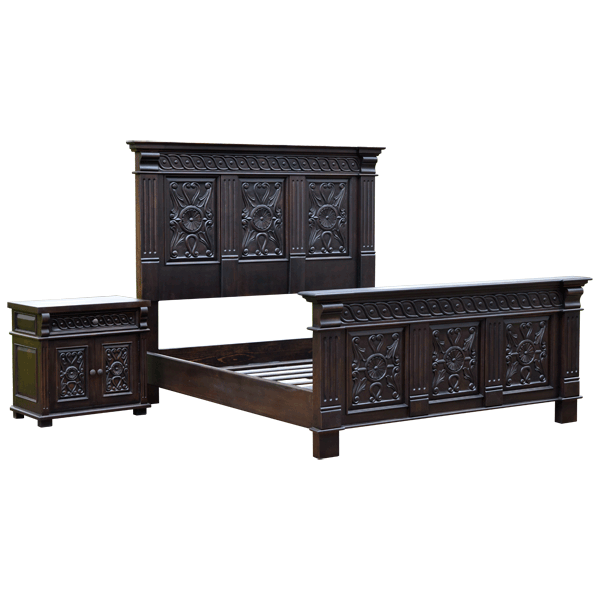 Semi-front view of Spanish colonial bed with matching end table in dark finish