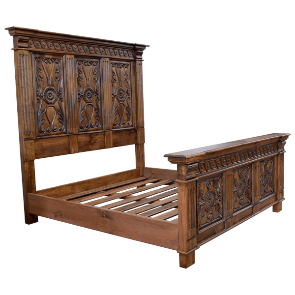 Semi-front view of Spanish colonial bed with hand carved details and square legs