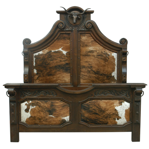 Front view of Western-style bed with steer head crest, cowhide panels, and forged iron accents