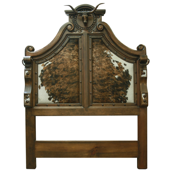 Front view of Western-style headboard with hand carved bull crest and cowhide panels