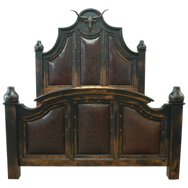 Front view of Western-style bed with bull crest and dark leather panels