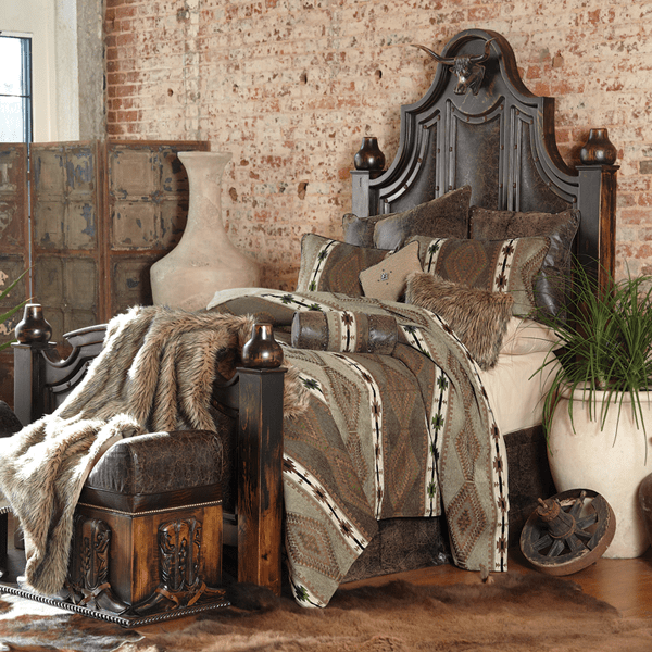 Semi-front view of Western-style bed in bedroom setting with dark leather and bench