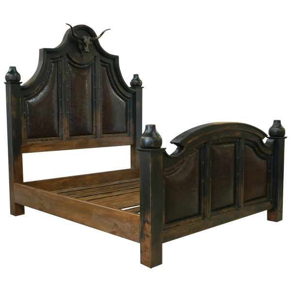 Semi-front view of Western-style bed with curved headboard and scroll details