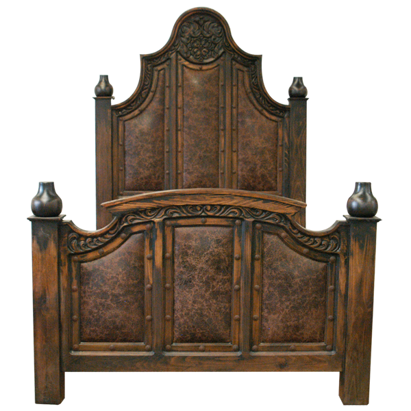 Front view of Western-style bed with dark leather panels and floral scroll carving