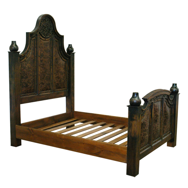 Semi-front view of Western-style bed with curved headboard and forged iron details