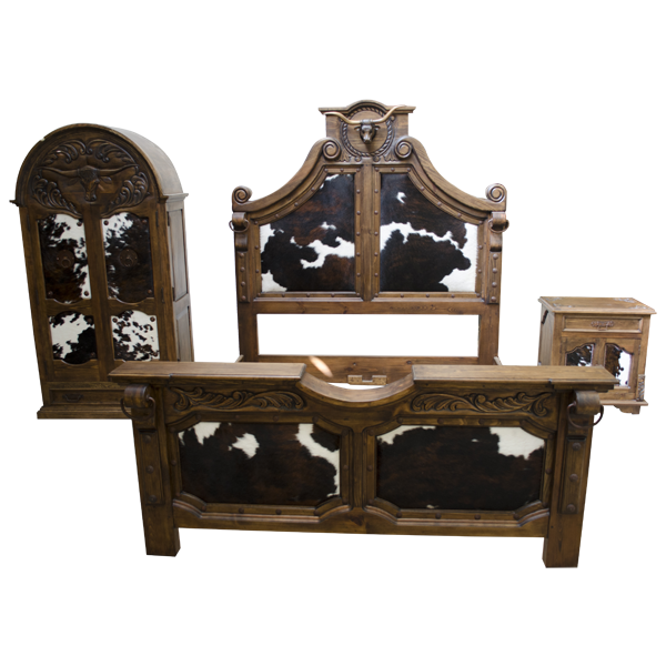 Western-style bedroom set with bed, armoire, and end table in matching finish