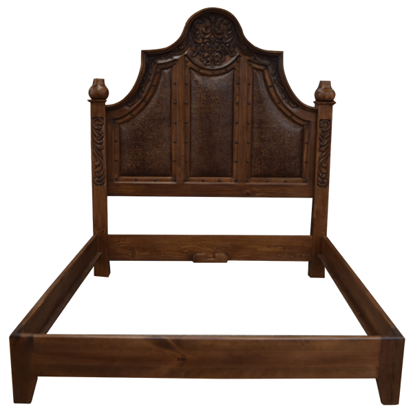 Front view of Western-style bed with floral scroll carving and embossed leather panels