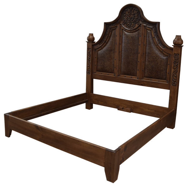 Semi-front view of Western-style bed with rounded crest and scroll details