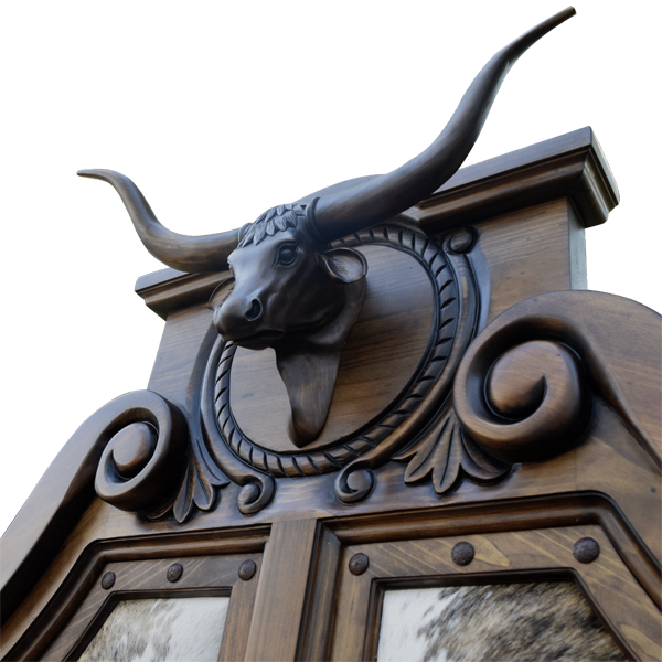 Detail of solid wood steer head crest with twist rope and Western ornamentation