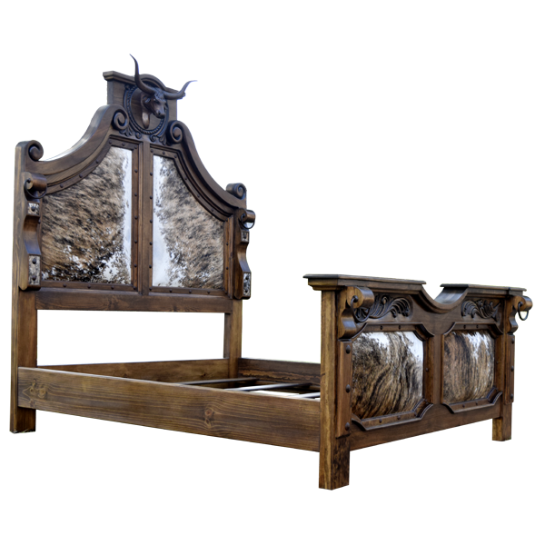 Semi-front view of Western-style bed with curved headboard and cowhide panels