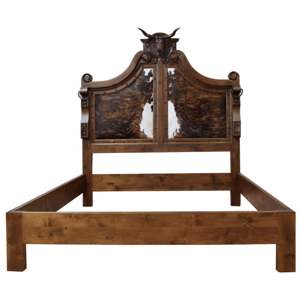 Front view of Western-style bed with cowhead crest and genuine cowhide upholstery