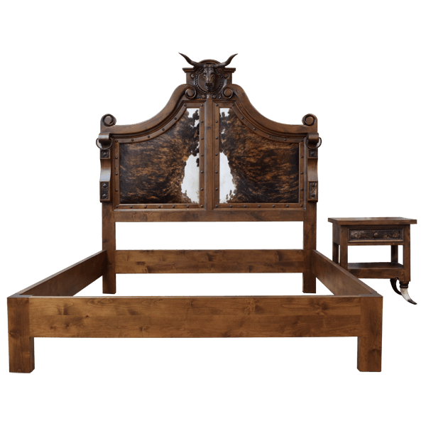 Western-style bedroom set with bed and matching nightstand in rustic finish