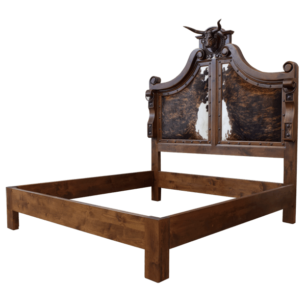 Semi-front view of Western-style bed with cowhide panels and curved headboard