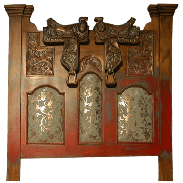Front view of Western-style headboard with carved saddles and gold-tone leather panels