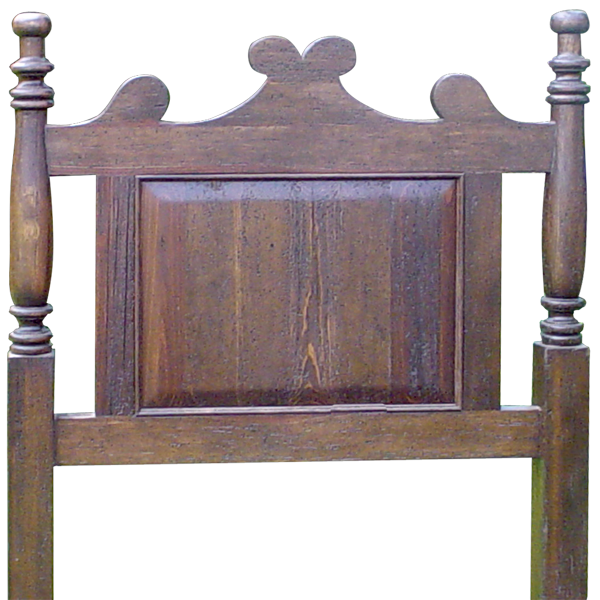 Detail of headboard with rectangular panel and hand turned wood uprights
