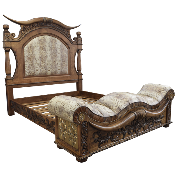 Semi-front view of Western-style bed with crocodile leather and carved horns