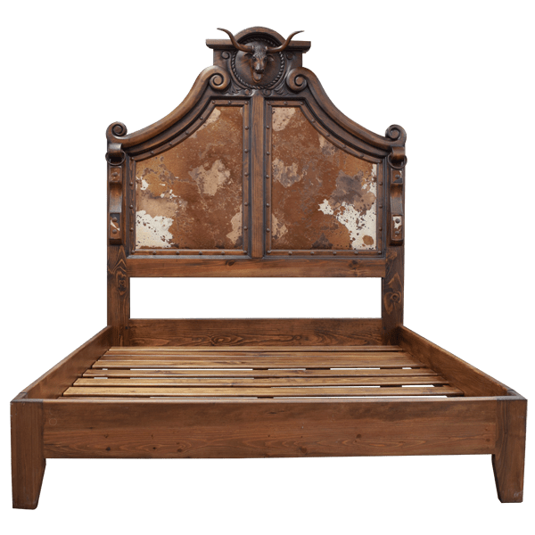 Cowboy 5 handcrafted Western style bed frontal view with carved crest, bull head with horns, patterned cowhide panels, and solid wood platform with slats
