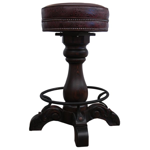Front view of El Matador Bajo 3 bar stool with carved pedestal and cowhide base