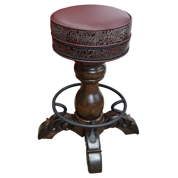 Elevated view of El Matador Bajo 7 bar stool showing embossed wine leather and carved wood details