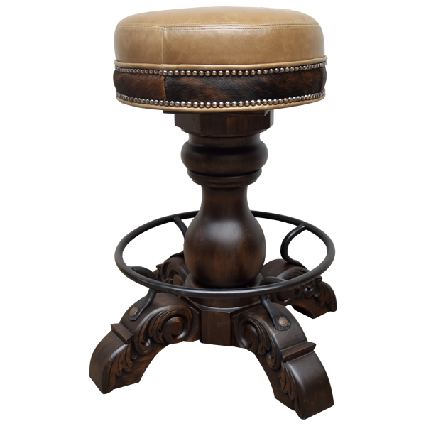 Front view of El Matador Bajo 8 bar stool with solid and cowhide brown leather upholstery