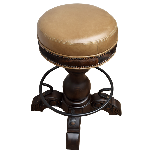Elevated view of El Matador Bajo 8 bar stool highlighting leather textures and carved woodwork
