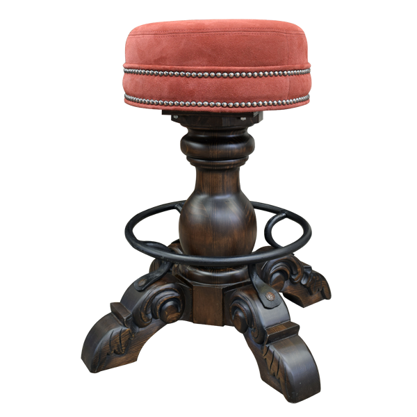 Front view of El Matador Bajo 9 bar stool with red fabric seat and carved pedestal