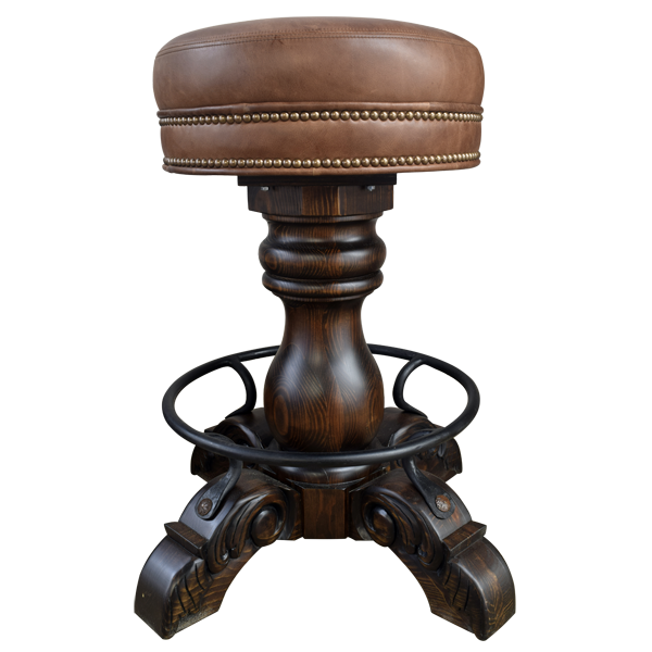 Front view of El Matador Bajo 10 bar stool with two-section smooth leather seat and carved pedestal