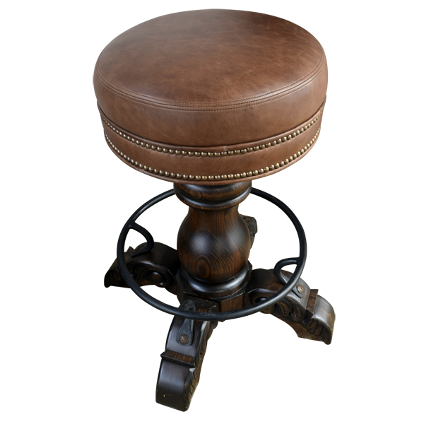 Elevated view of El Matador Bajo 10 bar stool showing leather seat sections and carved wood base