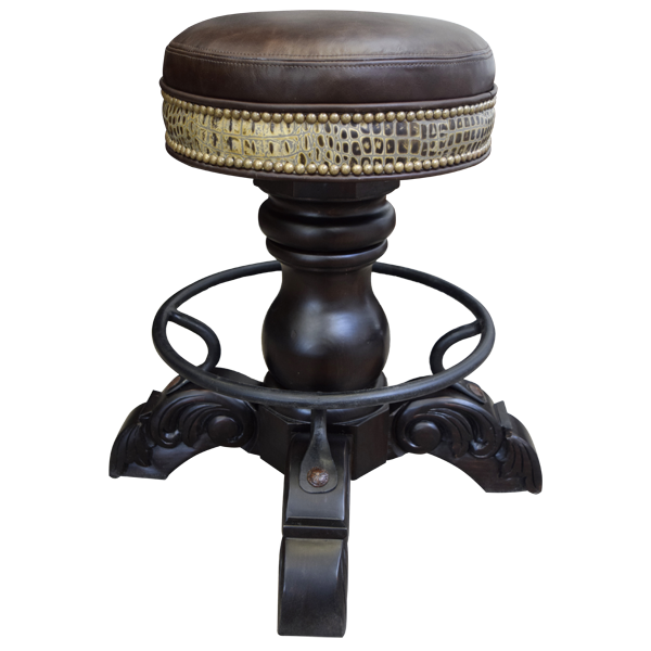 Front view of El Matador Bajo 11 bar stool with smooth brown leather seat and crocodile-textured side panel