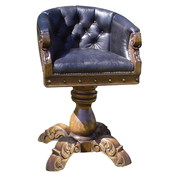 Front view of La Rocca bar stool with antique horseshoe-shaped frame, tufted leather seatback, and iron conchos