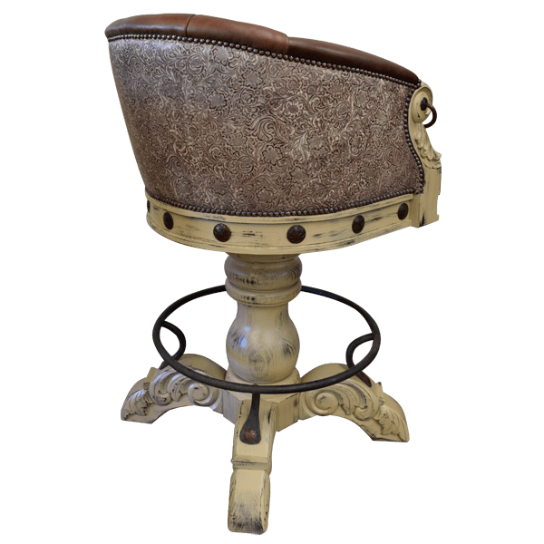 Three-quarter rear view of La Rocca 18 bar stool showing curved backrest and vintage detailing