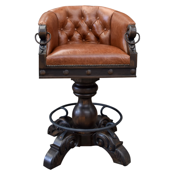 Front view of La Rocca Elegante 2 bar stool with horseshoe-shaped leather seat and carved wood details