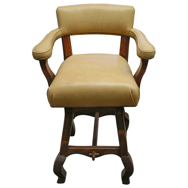 Elevated front view of Rio Grande 2 bar stool with beige full grain leather and carved wood base