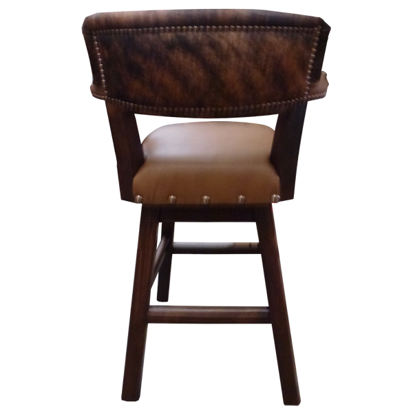 Back view of Barra 3 bar stool with natural leather backrest and handcrafted wood frame