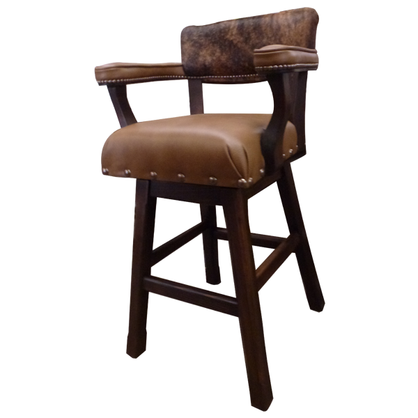 Three-quarter view of handcrafted Barra 3 bar stool with natural leather and swivel wood base