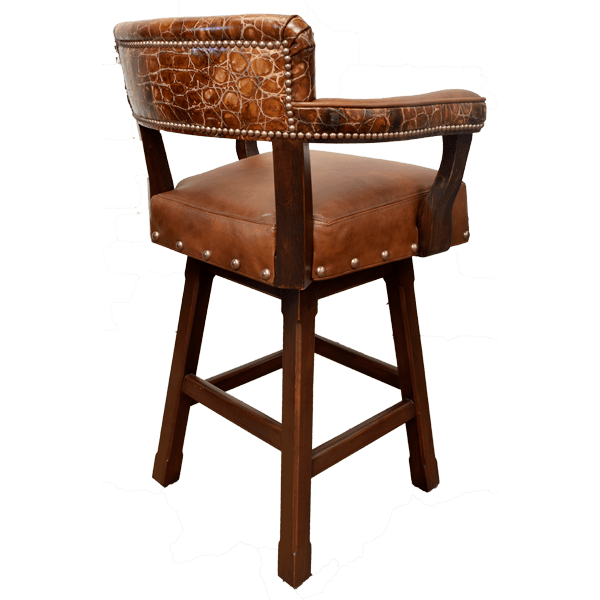 Rear three-quarter view of Barra 6 bar stool with crocodile leather backrest and gilt nail embellishments