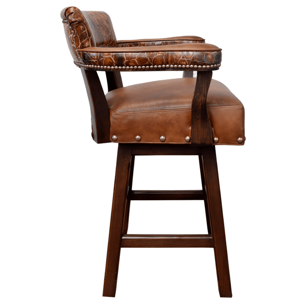 Side view of Barra 6 bar stool highlighting natural leather armrest top and crocodile patterned sides