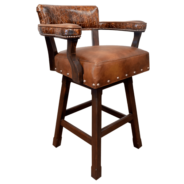 Three-quarter view of handcrafted Barra 6 bar stool with crocodile leather and double stitched upholstery
