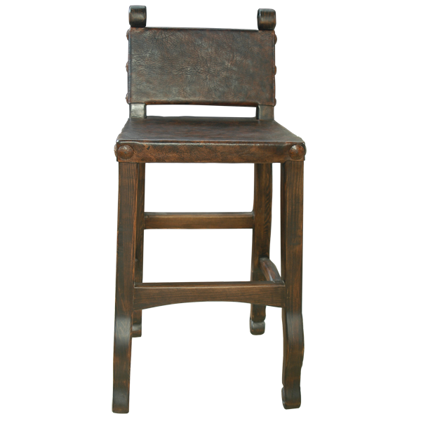 Front view of Colonial 2 bar stool with dark cowhide upholstery and Spanish colonial design
